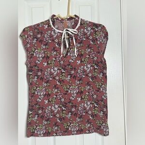 Pink With Flowers Design Tie Front Blouse with Peter Pan Collar